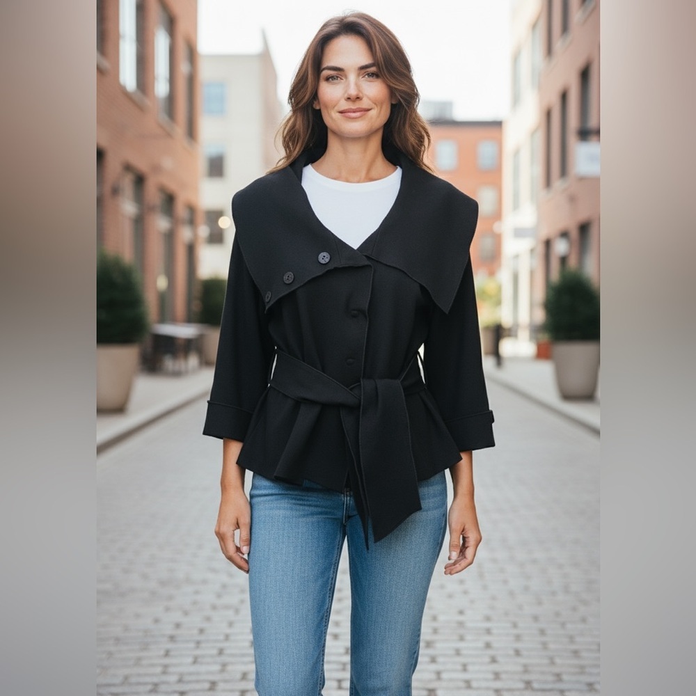 THEORY Ponte Stretch 3/4 Cuffed‎ Sleeve Tie Waist Jacket Size Medium Black EUC